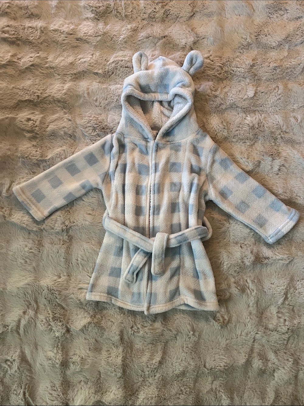 Plush Hooded Kids Pajama Robe with Bear Ears - Light Blue Check